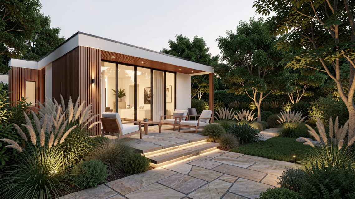 Terrasse contemporaine reliant une maison lumineuse à un jardin végétalisé, avec des matériaux naturels, du mobilier épuré et un éclairage doux.