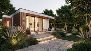 Terrasse contemporaine reliant une maison lumineuse à un jardin végétalisé, avec des matériaux naturels, du mobilier épuré et un éclairage doux.