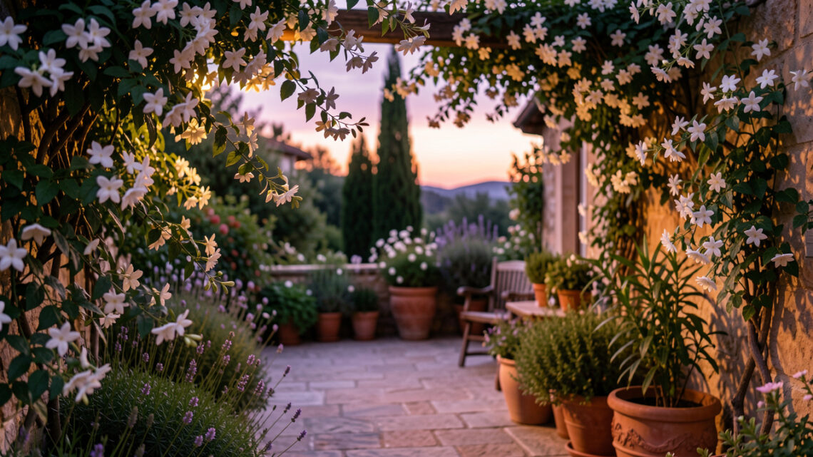 Terrasse de jardin paisible au crépuscule, entourée de jasmin fleuri et de plantes parfumées baignées d’une lumière douce.