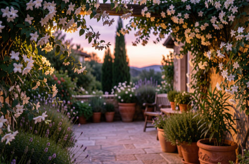 Terrasse de jardin paisible au crépuscule, entourée de jasmin fleuri et de plantes parfumées baignées d’une lumière douce.