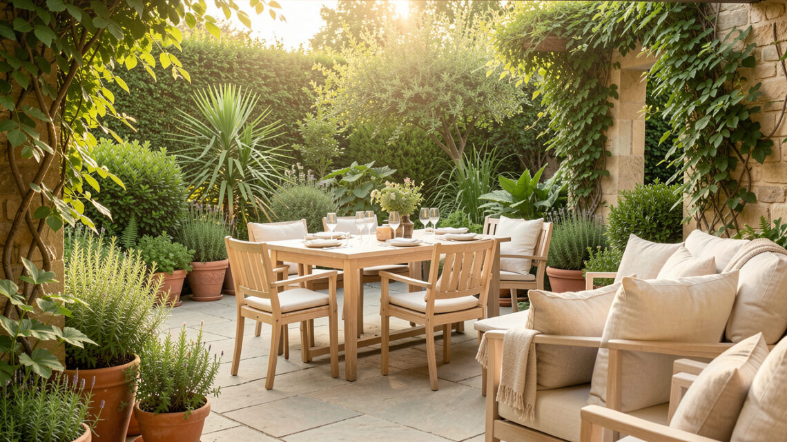 Terrasse de jardin élégante et végétalisée avec un espace repas et un coin détente baignés de lumière naturelle.