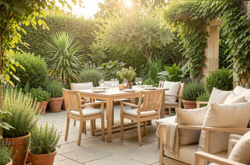 Terrasse de jardin élégante et végétalisée avec un espace repas et un coin détente baignés de lumière naturelle.